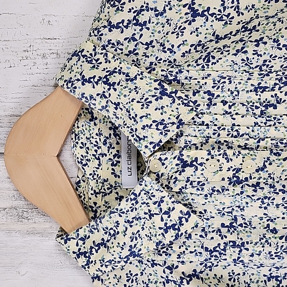 Liz Claiborne yellow blue mini floral tuxedo pleat button up blouse Size Large - Picture 3 of 8